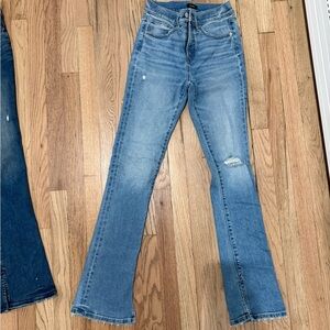 Express Light Blue Flare Jeans with Knee Distress